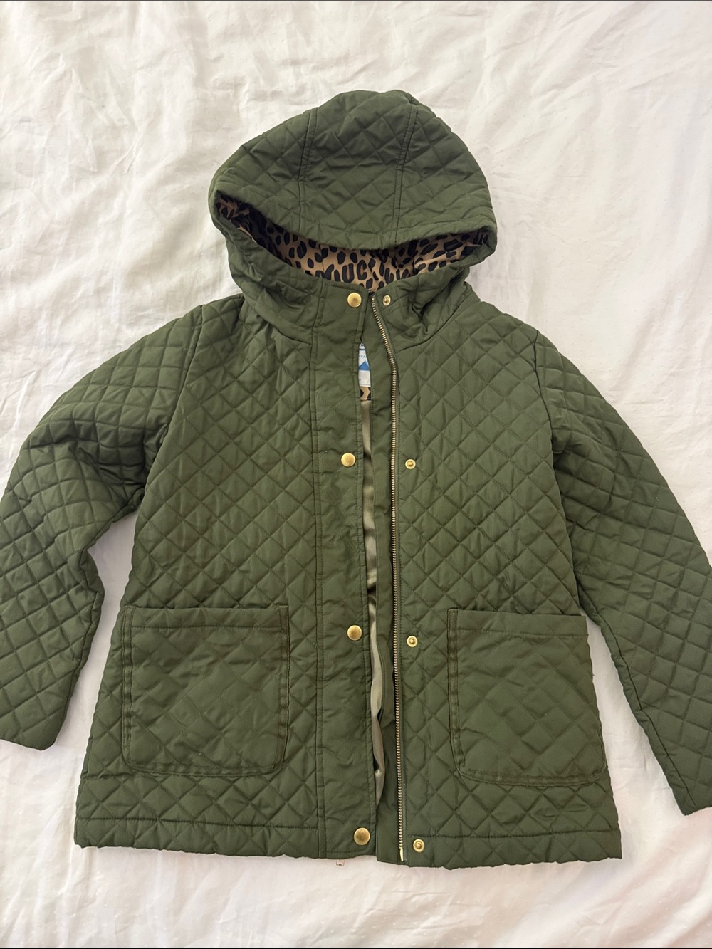 JCrew Girls Quilted Hooded Jacket in Olive Green - Size 10